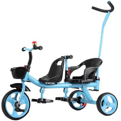Dual seat Tandem Tricycle,Push Stroller with Push Rod,Parent Steering trikes,Rear seat with Belt and armrest,Foot Brakes on Rear Wheels,Trike with peadals