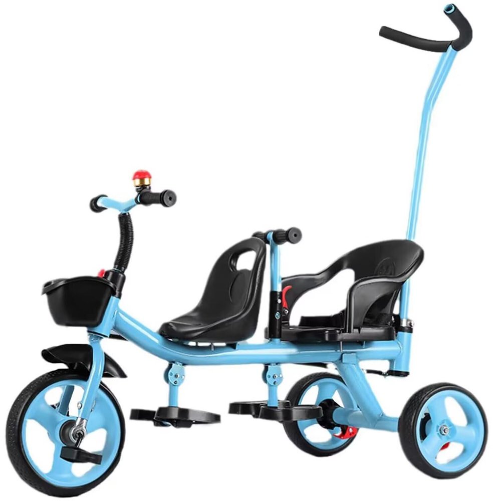 Dual seat Tandem Tricycle,Push Stroller with Push Rod,Parent Steering trikes,Rear seat with Belt and armrest,Foot Brakes on Rear Wheels,Trike with peadals