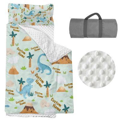 Custom Dinosaur Nap Mat, Personalized Name Toddler Sleeping Bag for Daycare Preschool Kindergarten, Boys Girls Sleep Mats with Pillow Blanket, Kids Sleep Sacks for 2-15 Years, Little Dinosaur