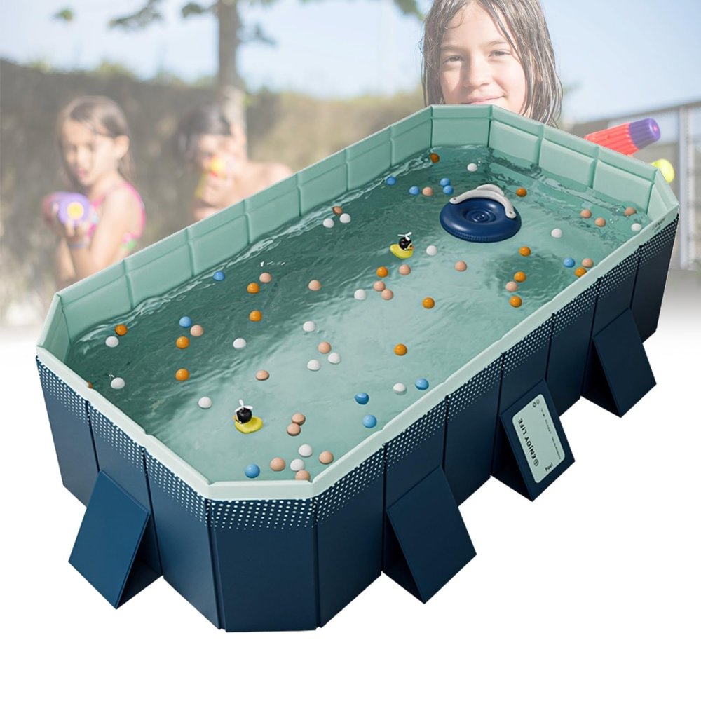 2.1m Collapsible Swimming Pool - Double Drain for Quick Cleanup, Foldable Storage, Durable PVC - for 1-8 People(Tianzhu Blue,116 * 64.9 * 21.6in)