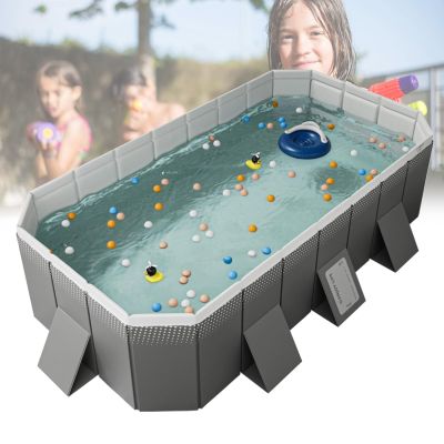 2.1m Collapsible Swimming Pool - Double Drain for Quick Cleanup, Foldable Storage, Durable PVC - for 1-8 People(Gere Grey,72.8 * 53.3 * 20.8in)