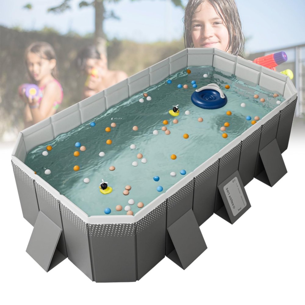 2.1m Collapsible Swimming Pool - Double Drain for Quick Cleanup, Foldable Storage, Durable PVC - for 1-8 People(Gere Grey,72.8 * 53.3 * 20.8in)