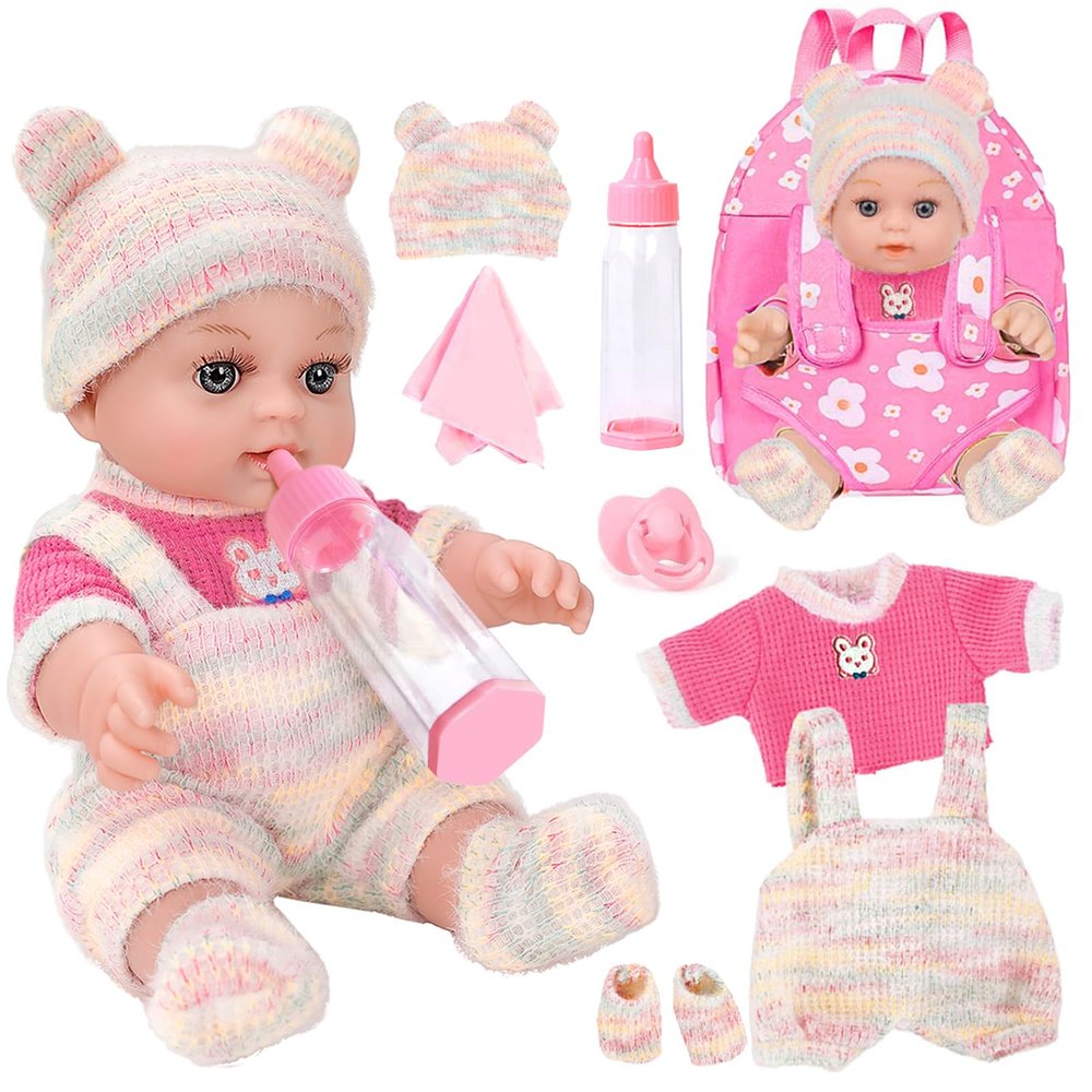 12'' Baby Doll with Backpack in Gift Box, Baby Doll Accessories Set Included 12 Inch Cute Realistic Baby Dolls, Clothes, Carrier, Washcloth, Bottles, Nipple, Socks, Hats for 3+ Girls