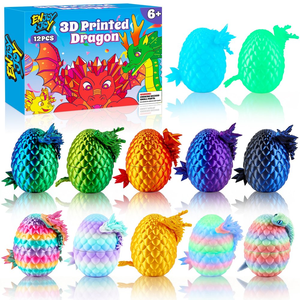 ENJOYJOY 12PCS 3D Printed Dragon Eggs, Prefilled Easter Eggs for Easter Basket Stuffers, Unique Surprise 3D Printed Animals Fidget Toy, Ideal Easter Basket Essentials for Kids Girls Boys Gifts