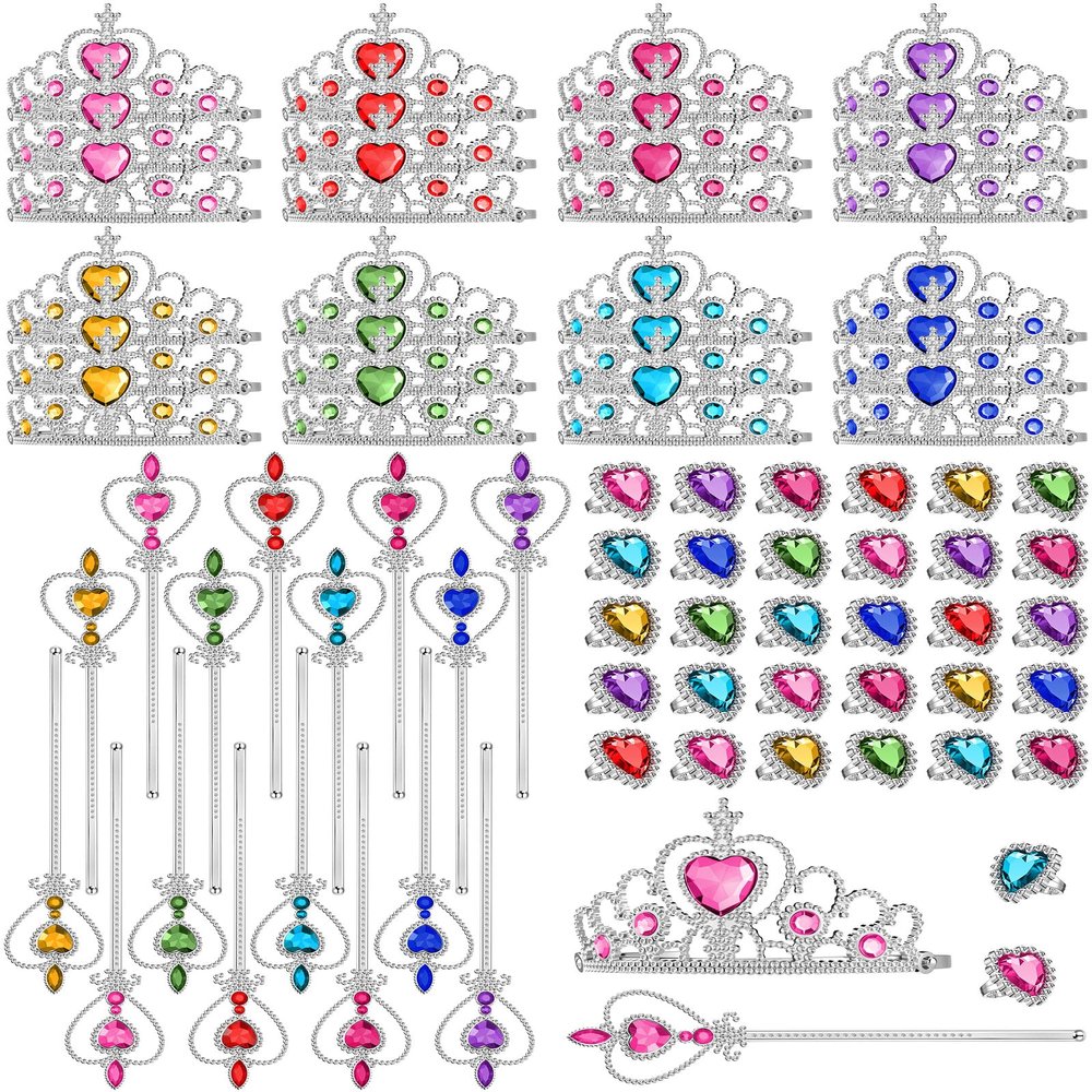 96 Pcs Princess Pretend Party Costume Dress up Play Set Includes 24 Crown Tiaras, 24 Star Wands, 48 Pcs Little Girl Jewel Rings, Princess Girls Party Favors Costume Play Set for Little Girls (Cute)