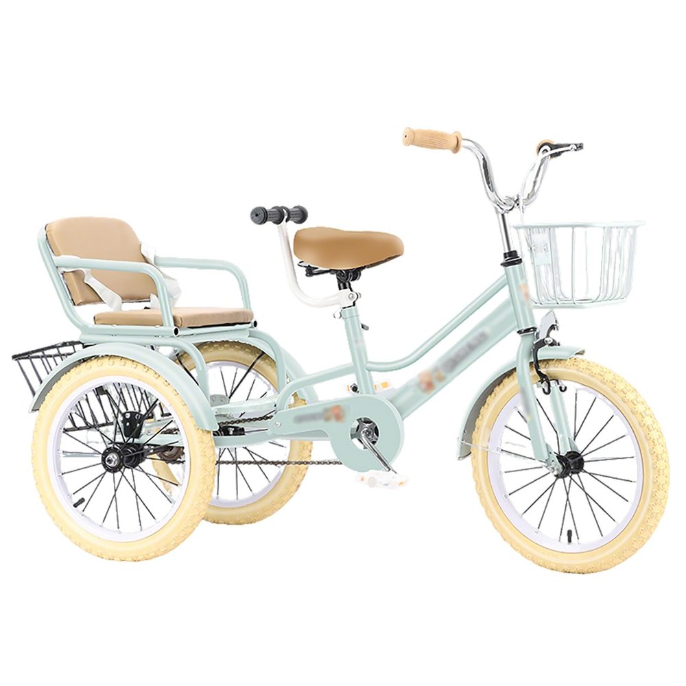 SRNSAEB 14 16 18 20 Inch Comfortable 3 Wheel Bicycle with Child Seat, Double Kids Pedal Tricycle for Age 3-11 Year Max Load 200kg, Heavy Duty Cruiser Bike Exercise/Cycling Easy-to-Install(Green,20in)