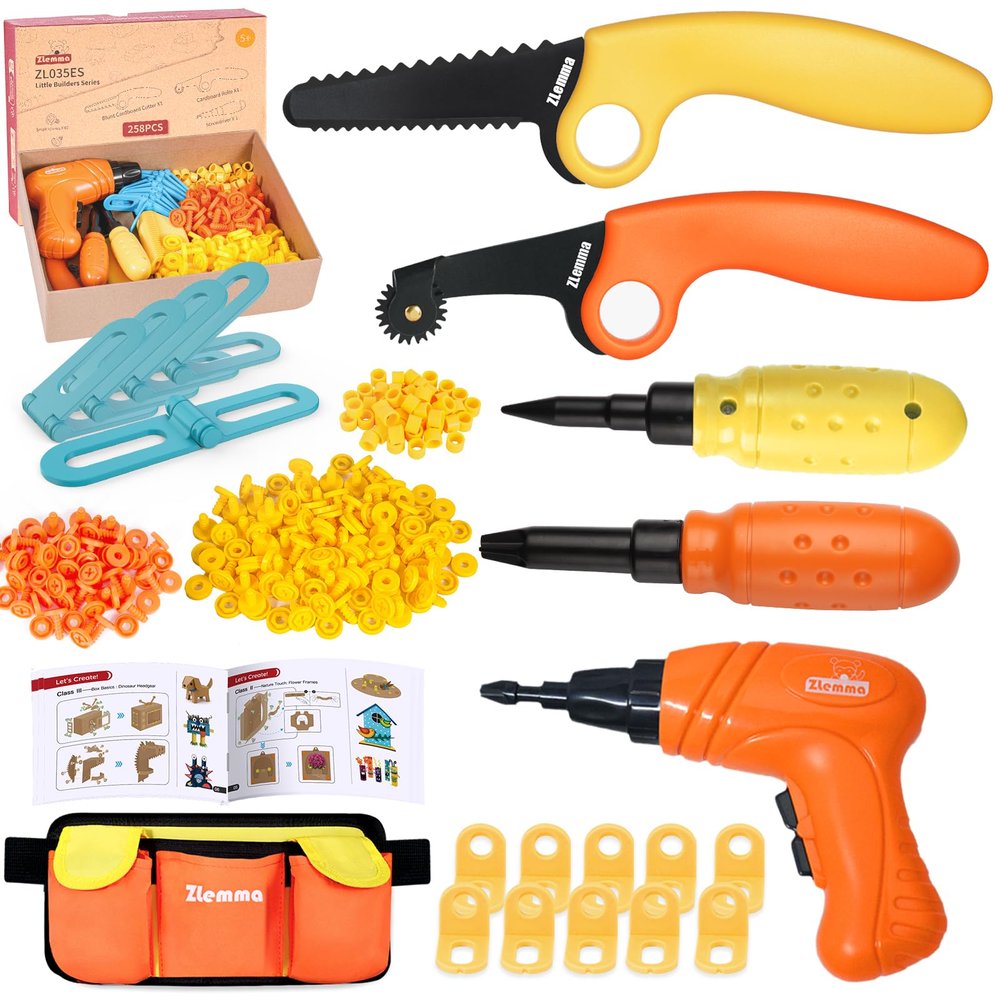ZLemma Kids Cardboard Construction Tool Set with Electric Drill & Tool Belt -258PCS, STEM Building Kit for Creative Craft Projects, Educational DIY Engineering Toy for Boys & Girls
