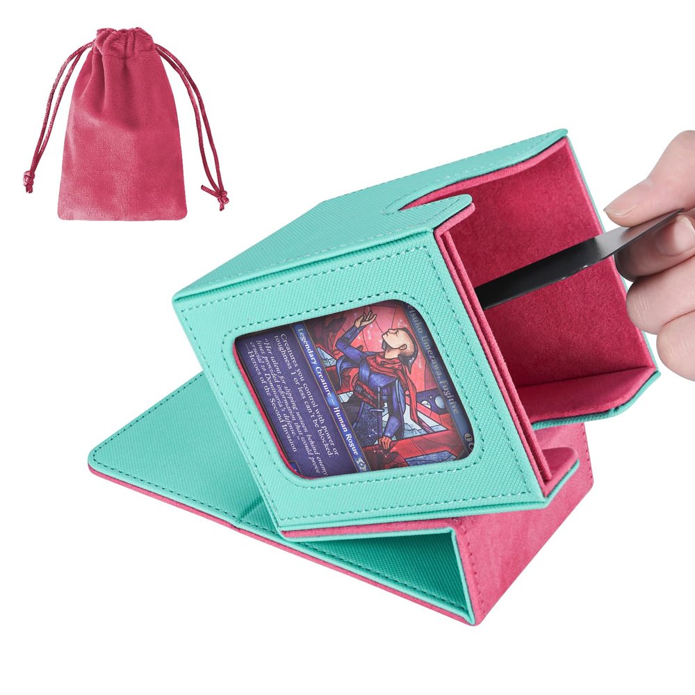 AFIING MTG Deck Box for Commander Display,Card Deck Case Fits 100 Double Sleeved Cards, Magic Commander TCG Card Storage Box with 2 Dividers,Dice Bag and 1 Toploader(Green Rose pink)