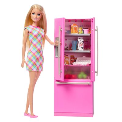 Barbie Barbie's Kitchen Doll and Kitchen Set with Fridge and 10 Accessories Including Food, plus Sticker Sheet, JKB52