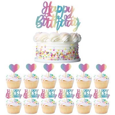 13 PCS Happy Birthday Cake Topper Set, Glitter Birthday Cupcake Topper with Heart Cake Topper Decoration for Kids Boys Girls Birthday Party Supplies