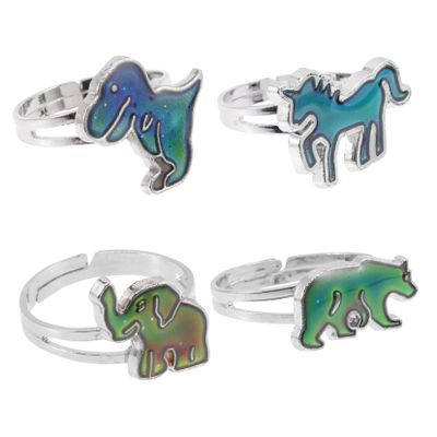 TOBBOMEY 4Pcs Color Changing Animal Mood Rings Thermochromic Finger Rings for Dinosaur Elephant Polar Bear Fun Carnival Costume Accessories