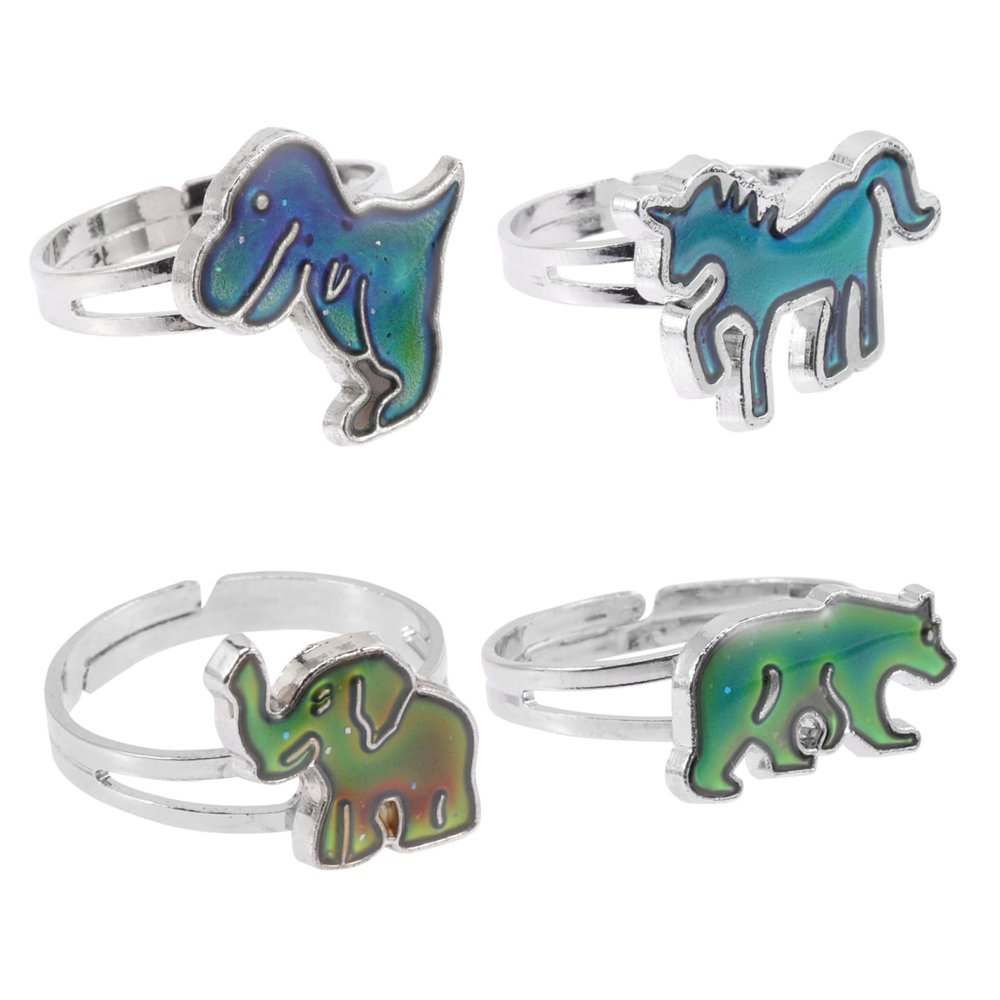 TOBBOMEY 4Pcs Color Changing Animal Mood Rings Thermochromic Finger Rings for Dinosaur Elephant Polar Bear Fun Carnival Costume Accessories