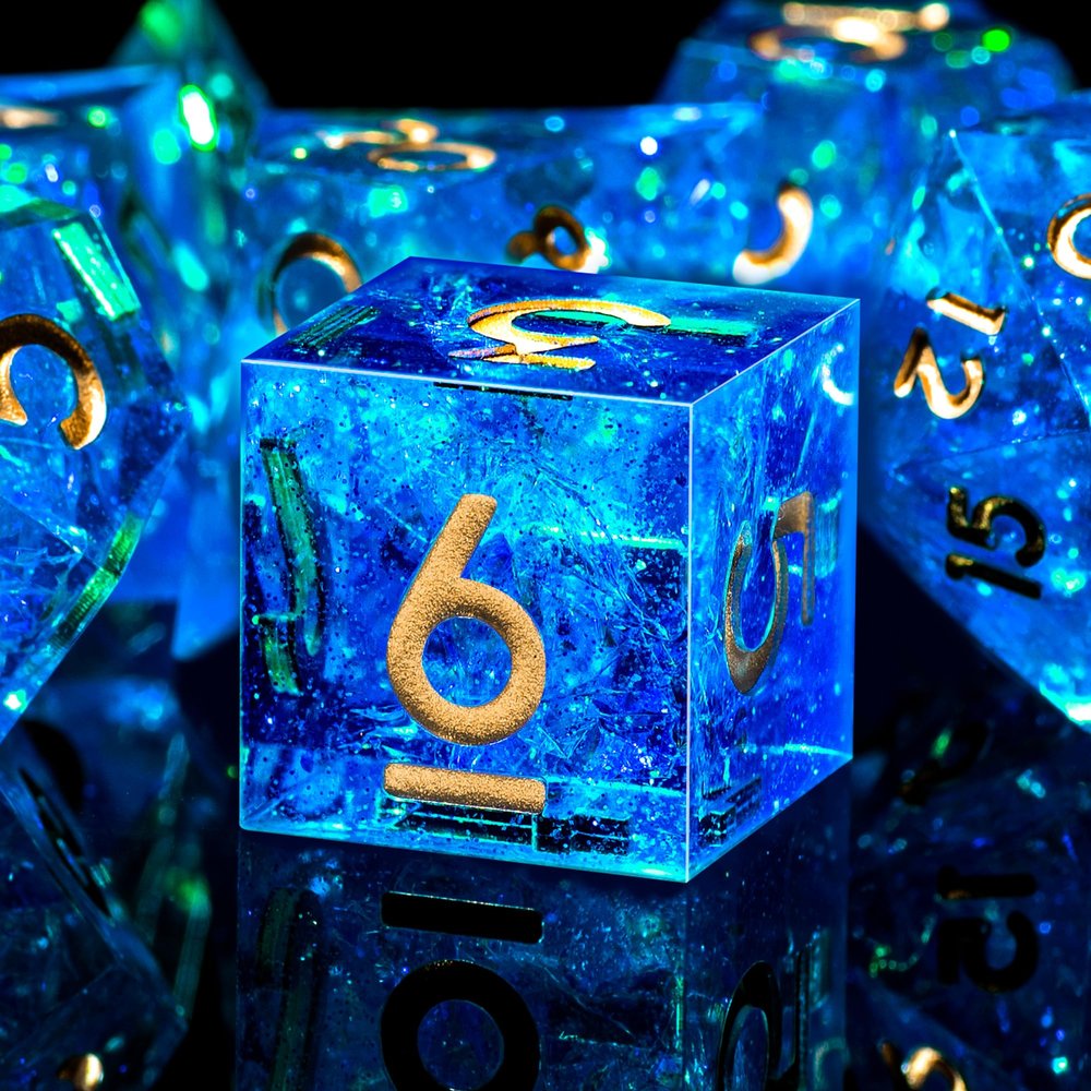 AUSTOR 7-Die DND Dice Set Handmade Sharp Edge Polyhedral Dice for Dungeons and Dragons D&D RPG MTG Table GamesBlue & Gold