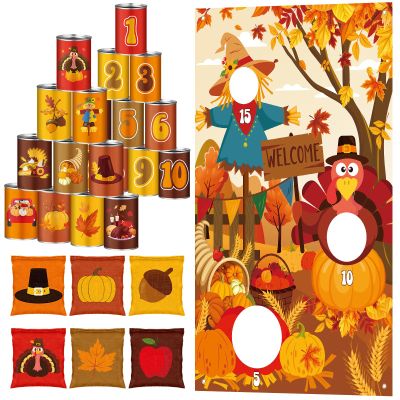 ShinyRelief 17 Pcs Fall Halloween Carnival Can Bean Bag Toss Games for Kids Thanksgiving Autumn Party Throwing Game Set with Background for Adults Indoor Outdoor Party Toy Accessory(Thanksgiving)