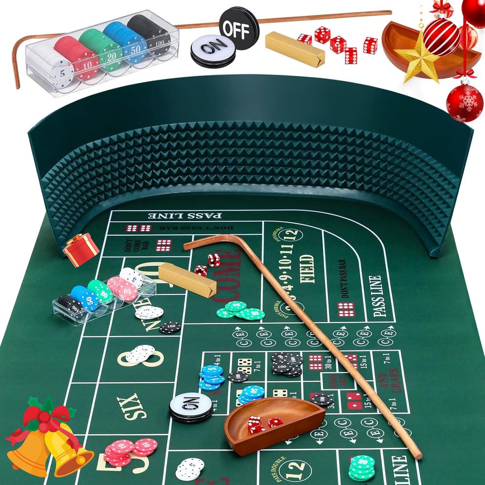 Proshine Craps Tabletop Game Set with 35*70" Rubber Craps Tabletop Layout Mat, 48*11" Rubber Craps Diamond Pyramid Bumper, 36" Rattan Stick, Casino Grade 19mm Dice, On/Off Button and 100 pcs Chips