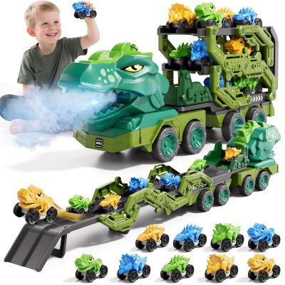 IHAHA 10 in 1 Dinosaur Truck Toys with 9 Dino Cars for Kids 3-5 Years, Dino Carrier Truck with Foldable Track, Spray, Light & Sounds, Birthday Gifts for Toddlers Boys Girls 3 4 5 6 7 8 Years Old