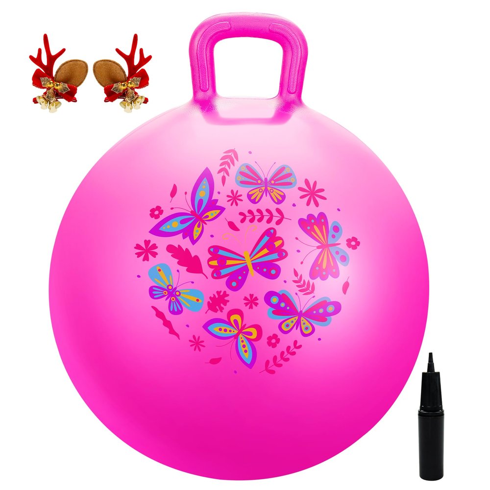 EVERICH TOY Hopper Ball, Pink Butterfly Hopping Toys for Kids, 20 Inch Bouncy Ball with Handle, Indoor Outdoor Inflatable Hippity Hop Toy for Girls Boys Gift with Free Christmas Accessories