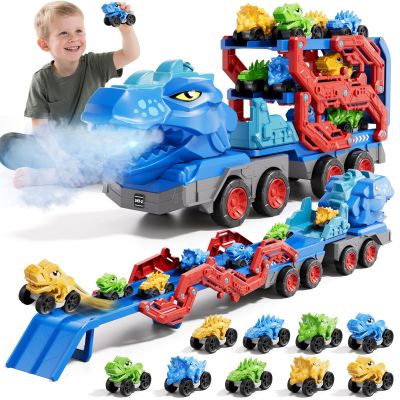 10 in 1 Dinosaur Truck Toys for Kids Toddlers Boys 3-5 4-8, Dino Carrier Truck with Foldable Track, Spray, Light & Sounds and 9 Dino Cars, Birthday Gifts for Kids Boys Girls 3 4 5 6 7 8 Year Old