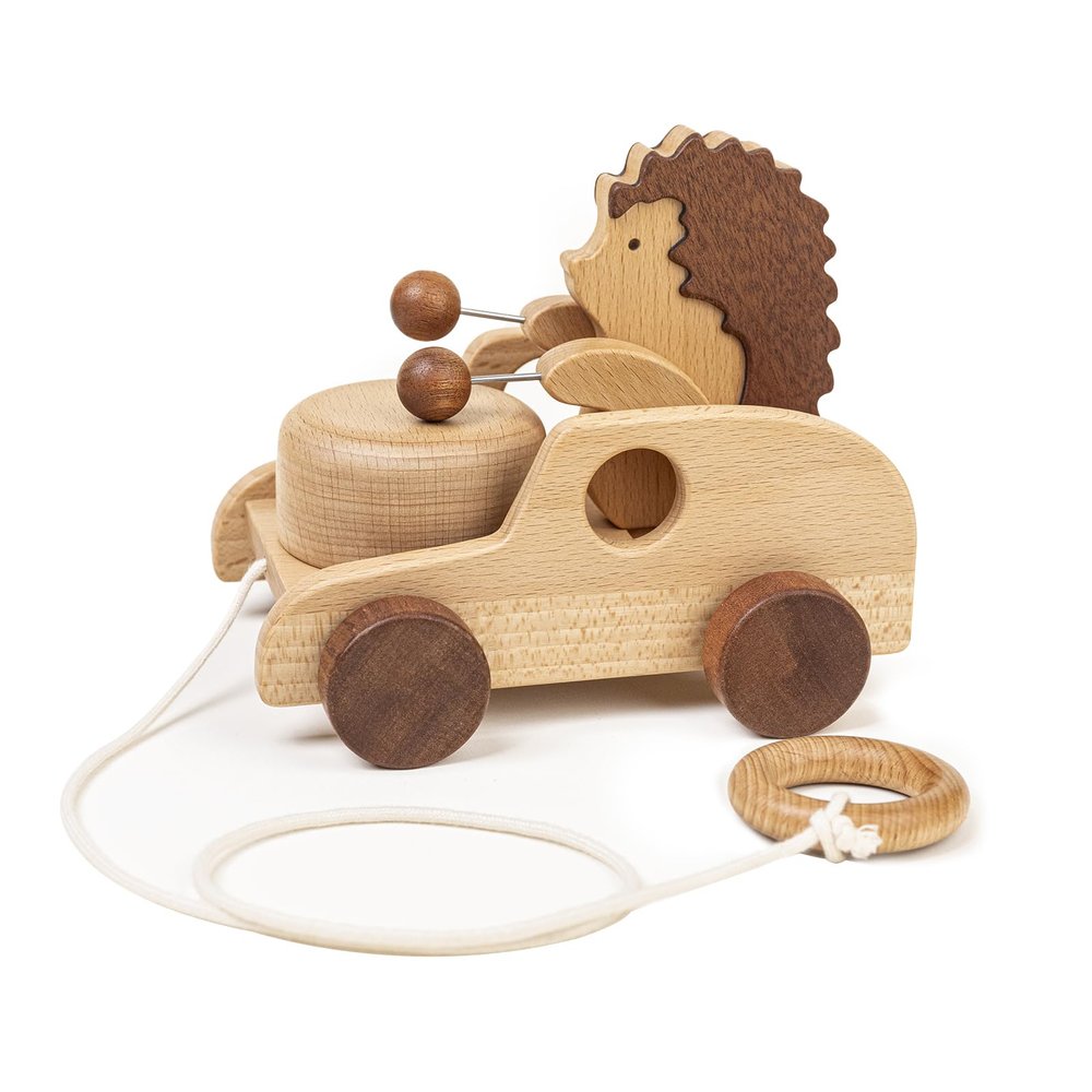 DadCarved Hedgehog Pull-Along Toy | Musical Wooden Pull Toy with Wooden Grip Ring | Natural Drumming Sound for Toddlers 1.5+ Years