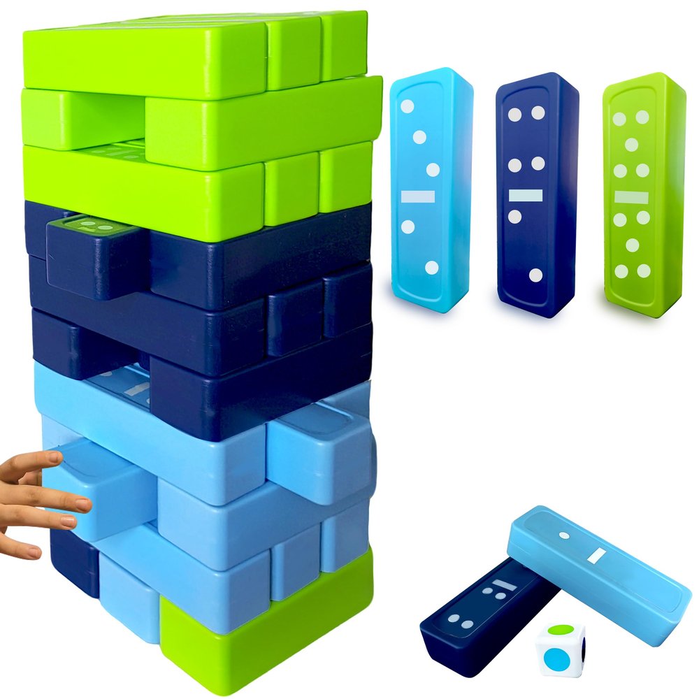 RAINBOW TOYFROG Pai Gow 3-Color Block Stacking Game - Fun Family Tower Building Game with 30 Pieces and Dice for Kids and Adults, Two Games in One with Domino Stickers