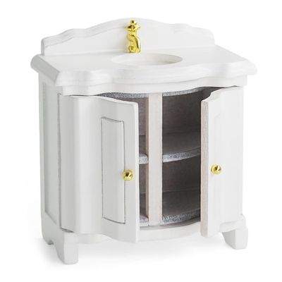 1/12 White Wood Dollhouses Sink Cabinet Realistic Hand Washing Sink Vintage Bathroom and Kitchen Scenarios Decoration