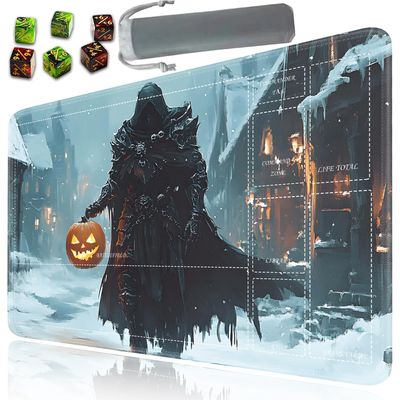 for MTG/TCG Playmat with Zones and Storage Bag and 6 Dice, 24 x 14 in, for Commander Trading Card Game Desk Pad, Magic Playmat Accessories, Warrior Holding Pumpkin Lantern Pattern Mouse Pad