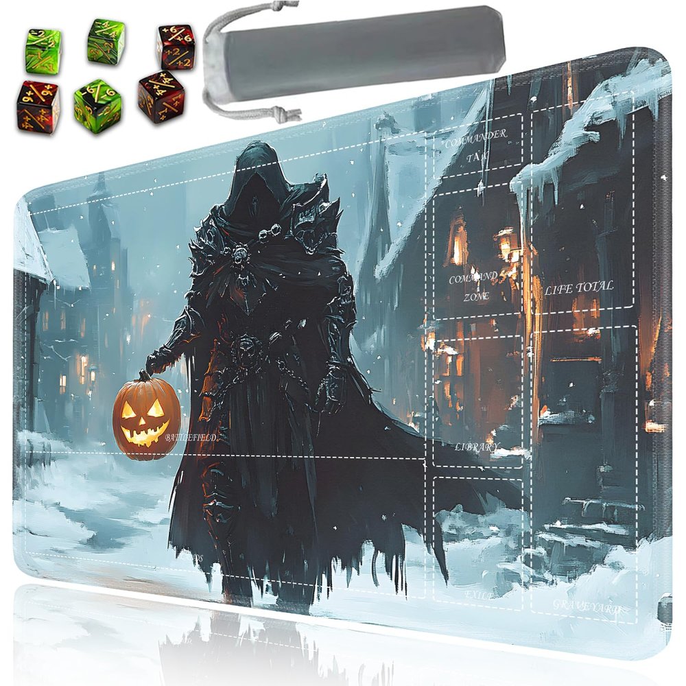 for MTG/TCG Playmat with Zones and Storage Bag and 6 Dice, 24 x 14 in, for Commander Trading Card Game Desk Pad, Magic Playmat Accessories, Warrior Holding Pumpkin Lantern Pattern Mouse Pad