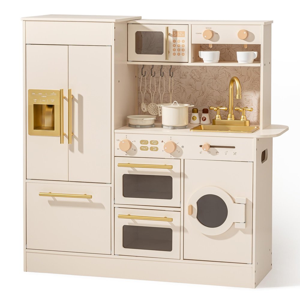 ROBOTIME Wooden Play Kitchen for Kids, Toddler Kitchen Set with Refrigerator, Dishwasher & Oven Beige Kitchen Playset with Gold Sink & Handles, Toy Kitchen for Girls and Boys Ages 3
