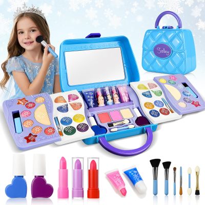 ROHSCE 50 Pcs Kids Makeup Kit for Girls, Real Washable Cosmetic Set with Large Mirror & Blue Vanity Case, Non-Toxic Princess Toys Birthday Gifts for 3 4 5 6 7 8 9 10 12 Year Old GirBlue