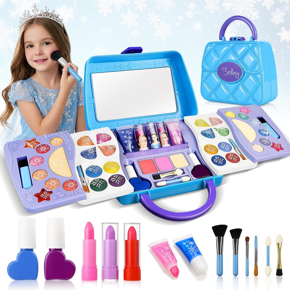 ROHSCE 50 Pcs Kids Makeup Kit for Girls, Real Washable Cosmetic Set with Large Mirror & Blue Vanity Case, Non-Toxic Princess Toys Birthday Gifts for 3 4 5 6 7 8 9 10 12 Year Old GirBlue