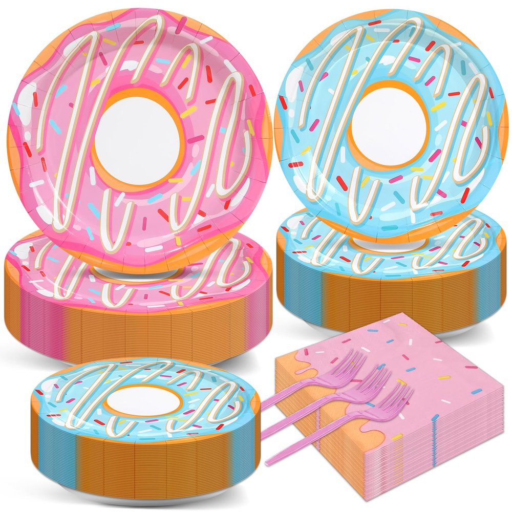 Tevxj 200PCS Donut Themed Birthday Tableware Set Donuts Pink Dinnerware Disposable Plates Sweet Party Plates Napkins Forks for Baby Shower Party Decorations Supplies 50 guests