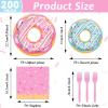 Tevxj 200PCS Donut Themed Birthday Tableware Set Donuts Pink Dinnerware Disposable Plates Sweet Party Plates Napkins Forks for Baby Shower Party Decorations Supplies 50 guests view 2
