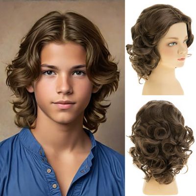 Dsimeig Short Curly Wavy Boys Wig Brown Synthetic Heat Resistant Halloween Cosplay Hair Wig