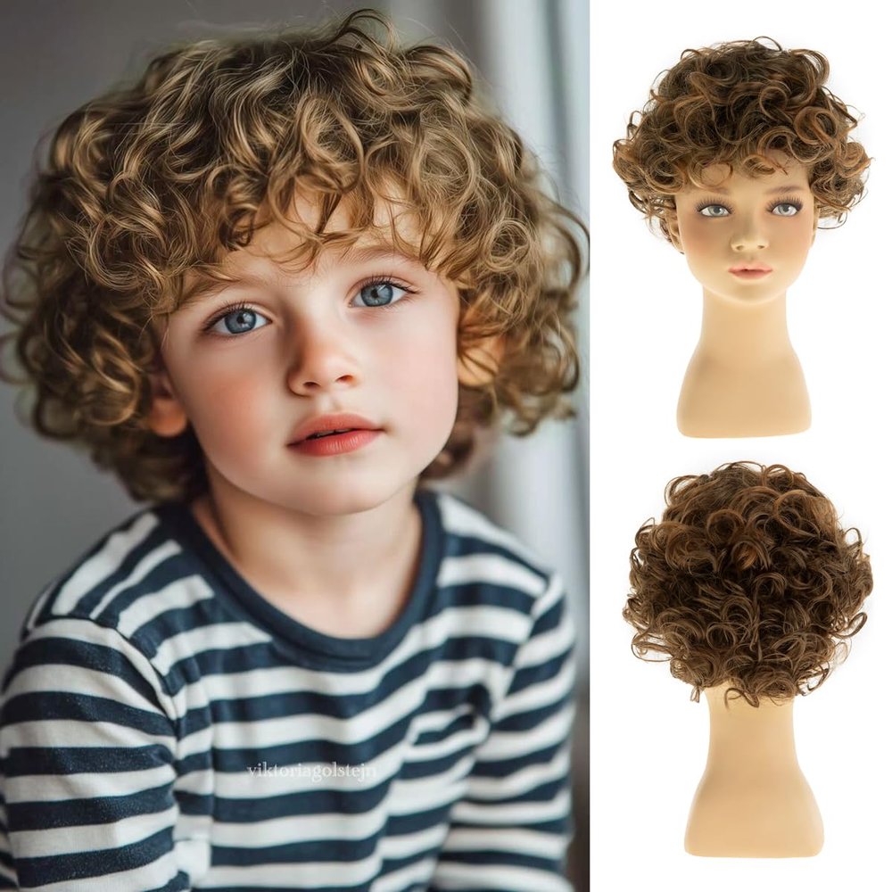 Dsimeig Short Curly Brown Child Wig Synthetic Halloween Costume Party Cosplay Hair Wig for Kids Boys