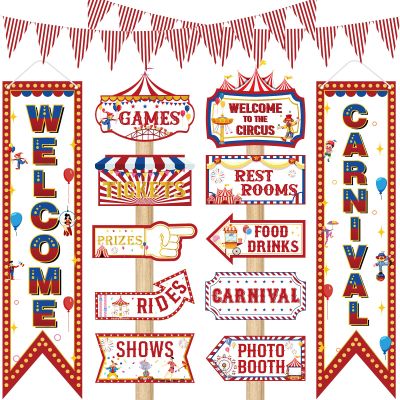 14 Pcs Circus Decorations Welcome to the Carnival Porch Banners Carnival Party Direction Signs Decor Circus Welcome Signs Triangle Flag for Game Birthday Party Supplies