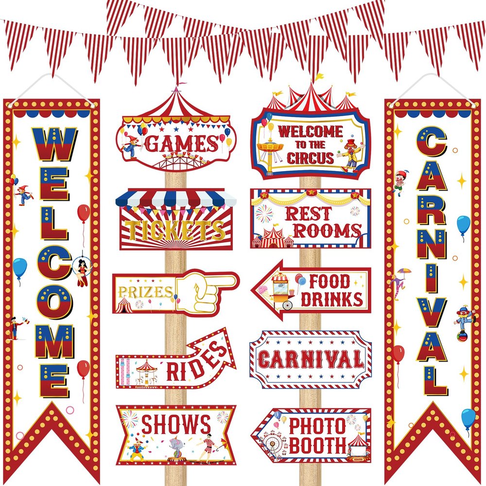 14 Pcs Circus Decorations Welcome to the Carnival Porch Banners Carnival Party Direction Signs Decor Circus Welcome Signs Triangle Flag for Game Birthday Party Supplies