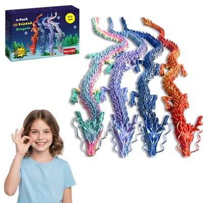 4 Pack 24" Large 3D Printed Dragons - Articulated Dragon Fidget Toys for Stress Relief, Family Fun & Party Favor, Collectible Desk Decor, Unique Birthday for Kids, Teens & Collectors