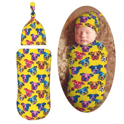 Muishi Colorful Bulldogs Head Newborn Swaddle Blankets Hat Sets Soft Baby Receiving Blanket Swaddle Sack for Baby Shower Infant Boy Girl Gift