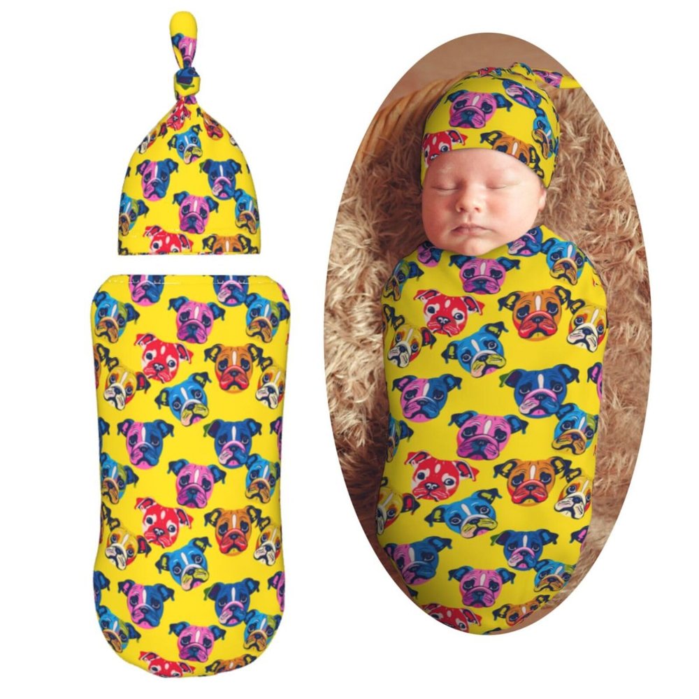 Muishi Colorful Bulldogs Head Newborn Swaddle Blankets Hat Sets Soft Baby Receiving Blanket Swaddle Sack for Baby Shower Infant Boy Girl Gift