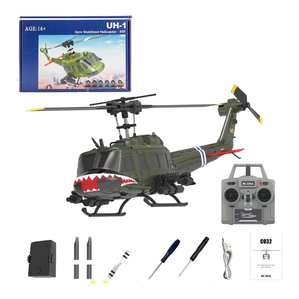 Aeonity C032 UH-1 Huey RC Helicopter for Adults, 1/48 Scale 2.4G 6CH, Flybarless Remote Control Helicopter, 6-Axis Gyro Aircraft Model, 3D Stunt Flight & High-Precision RC Airplane (Shark Mouth)