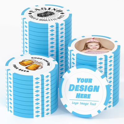 25 Custom Clay Poker Chips for 8 Colors, 40mm Heavy 11.5g Casino Sized Customized Poker Chips with Logo, Image or Text, Custom Drink Tokens for Bar, Party, Tournaments, Golf Club (Light Blue)