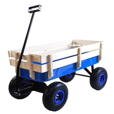Heavy Duty Steel Wooden Side Support Cargo Wagon with 10 All-Terrain Air Tires, Effortless Foldable Handle Cart for Gardening Supplies, Towing Kids Toys, Up to 176lb Haul Capacity (Blue)