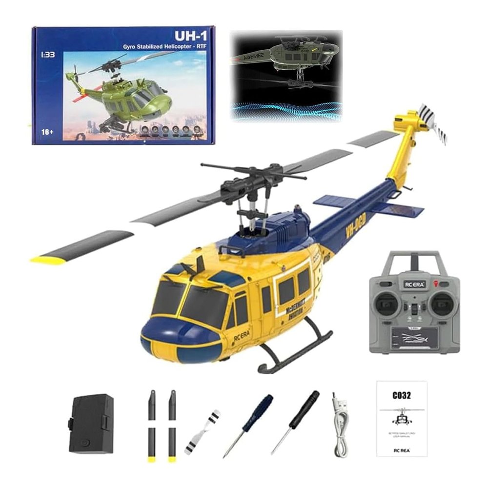 Aeonity C032 UH-1 Huey RC Helicopter for Adults, 1/48 Scale 2.4G 6CH, Flybarless Remote Control Helicopter, 6-Axis Gyro Aircraft Model, 3D Stunt Flight & High-Precision RC Airplane (Yellow)