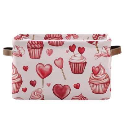 Wusikd Cupcakes Storage Basket Set of 2 Large Fabric Hearts Storage Baskets Bins Box Cube with Handles Collapsible Closet Shelf Clothes Organizer Basket for Nursery Bedroom