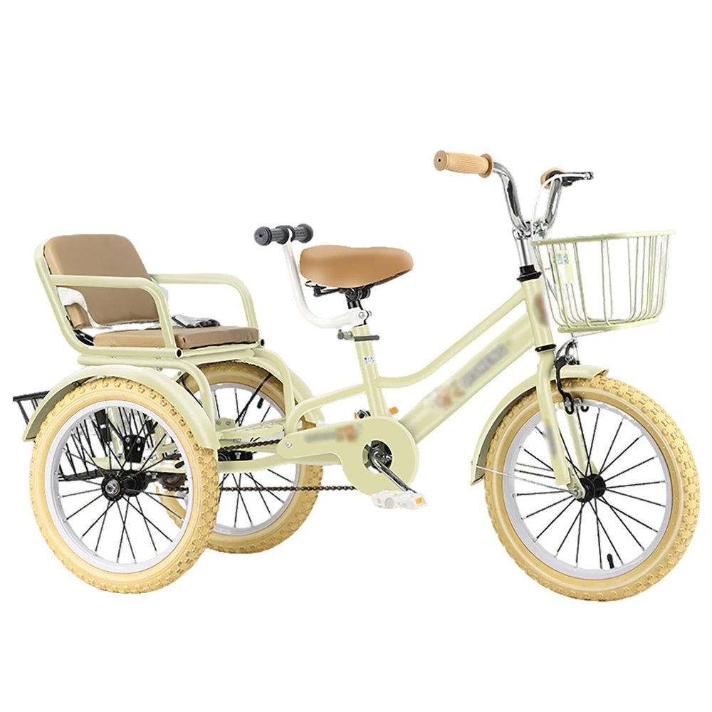 SRNSAEB Pink Gray Green Yellow 3-Wheel Bikes Carrying Passengers, Three Wheel Cruiser Bike Two-Seater Children Tricycle, Double Twins Toy Bicycle with Adjustable Height Seats & Handle(Yellow,20in)