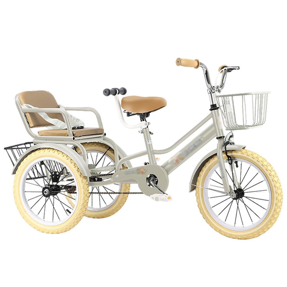 SRNSAEB Pink Gray Green Yellow 3-Wheel Bikes Carrying Passengers, Three Wheel Cruiser Bike Two-Seater Children Tricycle, Double Twins Toy Bicycle with Adjustable Height Seats & Handle(Gray,16in)