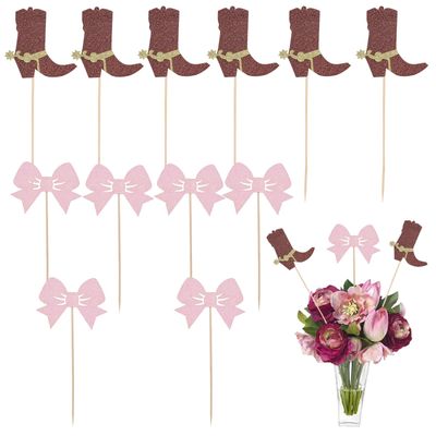 12pcs Glitter Boots Bows Cupcake Decorations, Boy or Girl Boots or Bows Centerpiece Sticks Decorations Supplies for Gender Reveal Birthday Party Flower (Brown & Pink