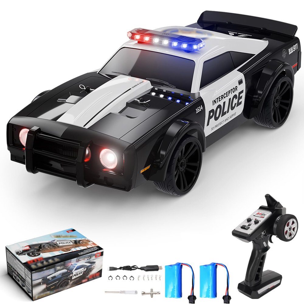 Authticar RC Drift Car, 1:16 Scale Dodge Police RC Car Toys, 4WD 35KM/H High Speed Vehicle with LED Lights, Alloy Material Anti-Collision, 380 Brushed Motor Police Toys for Teens Adults