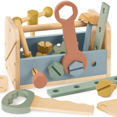 Durable Wooden Tool Set for Toddlers - Montessori Tool Box Kit with Hammer for Boys & Girls 2-5 Years - Fun Christmas Toy Gift for Kids with 30+ Safe Tools for Creative Play