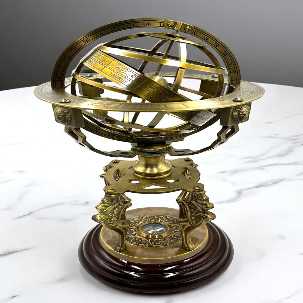 Antique Brass 14" Armillary Globe Sphere Engraved with Compass on Wooden Base~Home & Office Decorative